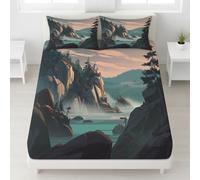 Super King Size Deep Fitted Sheets - With Hotel Quality (Green) Bed Sheets and 30 CM Deep Pocket Bed Sheets Anti-Wrinkle and Easy Care Bedding Set with Pillowcases Game Scenery Mountain