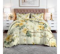 Super King Size Duvet, 10.5 Tog Down Alternative Comforter Set with 2 Shams, Illustrations Branches Leaves Flowers Reversible Coverless Duvet Soft Bed Quilt for All Seasons, 260 x 220 cm, Pale Yellow