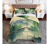 Super King Size Duvet, 7.5 Tog Down Alternative Comforter Set Blue And White, Chinese Lake Architecture Weeping Willow Reversible Printed Coverless Duvet Microfiber Soft Warm Bed Quilt, 260 x 220 cm