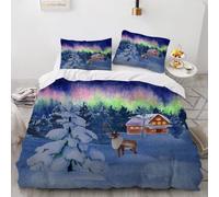 Super King Size Duvet Cover Elk 220x260 cm Bedding Set with Zipper Closure Microfiber 3D Aurora Borealis Winter Theme Comforter Cover 3 Pieces with 2 Pillowcase 50x75（Pattern 153-2）