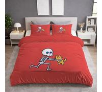 Super King Size Duvet Cover & Quilt Cover Bedding Set - 260 x 220 cm 3 pcs + 2 Pillowcases, Soft Microfiber, Skin-Friendly, Anti-Wrinkle, Reversible, Red, Cartoon Skull Cat
