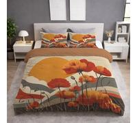Super King Size Duvet Cover & Quilt Cover Bedding Set - 260 x 220 cm 3 pcs + 2 Pillowcases, Soft Microfiber, Skin-Friendly, Anti-Wrinkle, Reversible, Red orange, Vintage Rising Sun Flowers