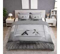 Super King Size Duvet Cover & Quilt Cover Bedding Set - 260 x 220 cm 3 pcs + 2 Pillowcases, Super Soft Microfiber, Wrinkle-Resistant, Easy Care, Breathable, Gray, Minimalist Bathtub Penguin