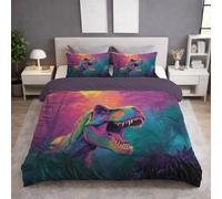 Super King Size Duvet Cover & Quilt Cover Bedding Set - 260 x 220 cm 3 pcs + 2 Pillowcases, Super Soft Microfiber, Wrinkle-Resistant, Easy Care, Breathable, Purple, Animal Fierce Dinosaur