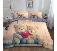 Super King Size Duvet Cover Set 260 x 220 cm, Reversible Printed Blue Polyester Duvet Cover with Wooden Background Valentine Teddy Bear Design - Soft Easy Care 3Pcs Bedding Set with 2 Pillowcase