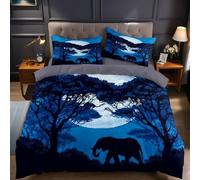 Super King Size Duvet Cover Set 260x220 cm Elephant under the moon tree 3 Pcs Microfibre Bedding Set with Quilt Cover and 2 Pillowcases, Fade and Wrinkle Resistant Bedroom Decor