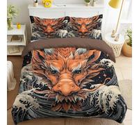 Super King Size Duvet Cover Set - Realistic 3D Dragon Head Waves for Children Boys Teens - Soft Microfiber Quilt Cover Bedding Set, Orange, Anime, Skin-Friendly, Breathable