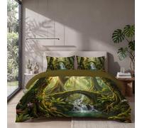 Super King Size Duvet Cover Sets 260x220cm, 3-Piece Brushed Microfiber Bedding Set with Pillowcases - The Jungle Book Stone Bridge Waterfall Trees Print, Breathable, Fade Resistant, zipper Closure
