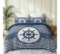 Super King Size Duvet Cover Sets, Navigation Dark Blue Soft Microfiber Bedding Set, Geometry Stripes Ship'S Wheel Rope Printed Reversible Quilt Cover for All Season with Zipper Closure, 260 x 220 cm