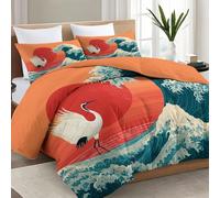 Super King Size Duvet Set, Reversible Coverless Blue Orange-Red Duvet, All Season Down Alternative Comforter, Japanese Tradition Red Sun Sea Waves Machine Washable Bedding Quilt 220 x 240 cm