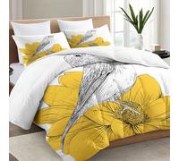 Super King Size Duvet Set, Reversible Coverless Yellow Flowers Graffiti Lines Duvet, All Season Down Alternative Comforter, Simple Watercolor Flowers Birds Machine Washable Bedding Quilt 220 x 240 cm