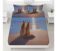 Super King Size Fitted Sheet - 180 x 200 cm Bedspread Realistic Fox Beach Moon Deep Pocket, Soft Microfibre, Wrinkle-Free, Easy Care, Fade & Shrink Resistant - Orange Blue Bedspread