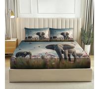 Super King Size Fitted Sheet 30cm Extra Deep, African Animals Grassland Elephant Printed Comfortable Microfibre Fitted Sheets - Gray-Blue Tear-Resistant Bedding Sets with 2 Pillowcases