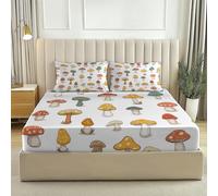 Super King Size Fitted Sheet 30cm Extra Deep, Minimalist Cartoon Plant Mushroom Printed Comfortable Microfibre Fitted Sheets - Color Tear-Resistant Bedding Sets with 2 Pillowcases
