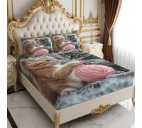 Super King Size Fitted Sheet Two cats Set 180 x 200 cm 3 Piece Bedding Set with 2 Pillowcases Soft Polyester gray brown Room Decor