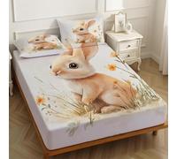 Super King Size Fitted Sheet Watercolor Rabbit 180 x 200 cm 25cm Deep Pocket Soft Microfiber Elastic Edge Bottom Sheet with Pillowcases brown Bed Linen