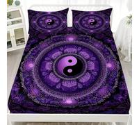 Super King Size Fitted Sheets 180x200 cm Bohemian Mandala Tai Chi Pattern Soft Microfibre 3 Piece Bedding Sets Purple Fitted Bed Sheets King 30cm Deep Fit, with 2 Pillowcases