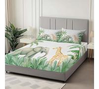 Super King Size Fitted Sheets -30cm Deep Elephant Giraffe And Palm Tree Pattern Fitted Sheets, Soft Brushed Microfiber Easy Care Fade Resistant Breathable Bedding Set, White