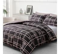 (Super King, Warm Grey & Black) Double Brushed Microfiber Duvet Cover Set Reversible Design with Zipper Closure and Corner Ties