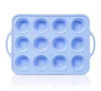 SUPER KITCHEN 12 Cup Regular Size Silicone Muffin Tray with Metal Frame, Silicone Cupcake Tray with Handle, Non Stick Yorkshire Pudding Tray, Silicone Muffin Moulds for Baking, Muffin Tin, Blue