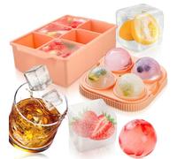 Super Large Ice Cube Moulds, Big Round Ice Ball Maker Giant 6.5cm + Extra Large Ice Cubes Tray Square 5cm, 2 Pack Silicone Ice Bins Drinks Whisky Cocktail Cool for Longer Easy Release,Clear Lids