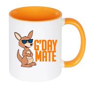 Super Lemon G'Day Mate Australian Themed Ceramic Coffee Mug, White and Orange Two-Toned Design with Kangaroo Graphic