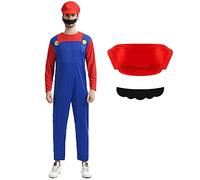 Super Mario and Luigi Costume with Jumpsuit Luigi Hat and Moustache for Carnival Halloween Cosplay Kids Adult Medium Red