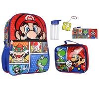 Super Mario Backpack 5-Piece 16" Backpack Set With Detachable Lunch Tote Water Bottle Pencil Case and Rubber Charm Keychain