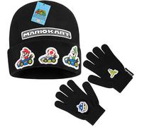 Super Mario Beanie Winter Accessories Set Boys, 2pcs Gloves & Winter Hat | or 3pcs Hat Scarf Gloves, Warm Knit, Boys Gifts (Black 2 Pcs)