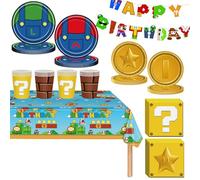 Super Mario Birthday Party Tableware Set for Kids ,82pcs Super Brother Birthday Dinnerware Coins Paper Plates Cups Napkins and Happy Birthday Banner for Kids Birthday Party Table Decorations