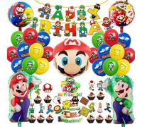 Super Mario Bros Foil Balloons, Happy Birthday Banner, Cake Toppers, Party Supplies for Kids, Mario Theme Party Decorations