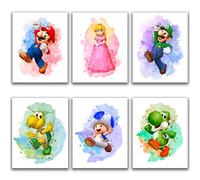 Super Mario Game Watercolor Posters - Set of 6 (8" x 10") - Super Mario Wall Art Game Room Decor For Kids - Nursery, Bathroom, Playroom Decor (UNFRAMED)