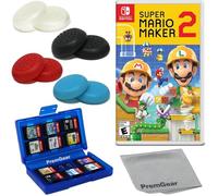 Super Mario Maker 2 for Nintendo Switch (US Version), with PremGear Thumb Grips (8 pack - Black, Blue, Red & Clear), 24 Slot Game Card Holder & Cleaning Cloth