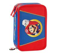 Super Mario Official School Pencil Case, 3 Compartments Pencil Case with Stationery Set, Blue and Red Erasable Pen, 5 Adhesive Name Tags, Practical Zip Closure, 20 x 13 x 7 cm