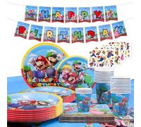Super Mario Party Tableware Set 118 Pieces, Super Mario Children's Set of Plates and Cups, Napkins, Tablecloths for Birthday Parties