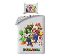 Super Mario Reversible Bedding Set, Duvet Cover 140 x 200 cm and Pillowcase 65 x 65 cm, Polyester, with Mario, Luigi, Toad, Peach, Wario and Yoshi