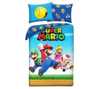 Super Mario Single Duvet Cover 140x200 + Pillowcase Mario Luigi Peach Toad | Reversible bedding | Ultra soft microfibre quick dry Oeko-Tex | Leaping action Mushroom Kingdom | Nintendo | Birthday gift