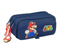 Super Mario Trick - Triple Big Pencil Case, Children's Pencil Case, Child, Ideal for School Age Children, Comfortable and Versatile, Quality and Resistance, 21.5 x 8 x 10 cm, Dark Blue/Red, M, Casual