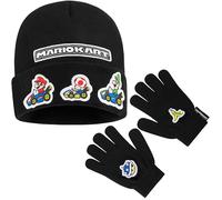Super Mario Winter Accessories Set for Boys & Teens 6-14 Yrs, 2 Pcs Gloves & Winter Hat or 3 Pcs Hat Scarf Gloves, Boys Gift (6-14 Years, Black, 2 Pcs)
