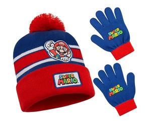 Super Mario Winter Accessories Set for Boys & Teens 6-14 Yrs, 2 Pcs Gloves & Winter Hat or 3 Pcs Hat Scarf Gloves, Boys Gift (6-14 Years, Red/Blue, 2 Pcs)