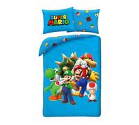 Super Mario with Luigi Toad Bowser and Yoshi - Duvet Cover 140 x 200 cm + Pillowcase 70 x 90 cm - Reversible - 100% Polyester - Blue