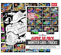 Super Pack of 18 Fuzzy Velvet Coloring Posters (Monster Cars & Trucks Edition) - Big Coloring Fun for Kids, Boys, Girls, Teens & Adults, Great for Family Time, Arts & Crafts, Travel & Classrooms