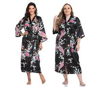Super Shopping-zone Women's Floral Long Silk Kimono Robes Satin Dressing Gown Peacock Blossoms, Black, XL