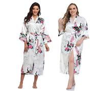 Super Shopping-zone Women's Floral Long Silk Kimono Robes Satin Dressing Gown Peacock Blossoms, White, Large