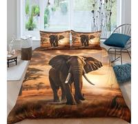 Super Soft 3D Print Microfiber African elephant Quilt Cover Set Easy Care Bedding Set w/ Pillowcase Savanna sunset scene Duvet Cover All Season Breathable Washable for Bedroom Decor Double（200x200cm）