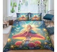 Super Soft 3D Print Microfiber fairy sitting mushroom Quilt Cover Easy Care Bedding Set w/ Pillowcases magical fantasy Bed Quilt Cover All Season Breathable Washable for All Single（140x200cm）