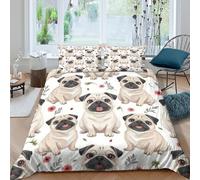 Super Soft 3D Print Microfiber Pug dogs sitting Duvet Cover Set All Season Bedding Set w/ Pillow Shams Cute cartoon illust Bedding Quilt Cover Breathable Washable Teens Adults Super king（260x220cm）