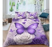 Super Soft 3D Print Microfiber Purple butterfly art Quilt Cover Set Easy Care Bedding Pillowcase Floral design style Duvet Cover All Season Breathable Washable Bedroom Decor Super king(260x220cm)