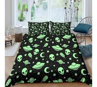 Super Soft 3D Print Microfiber space aliens Quilt Cover Set Easy Care Bedding Set w/ Pillowcase cartoon style design Duvet Cover All Season Breathable Washable for Bedroom Decor Super king（260x220cm）