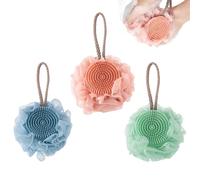Super Soft Bath Ball with Silicone Body Scrubber, Mesh Pouf Loofah Sponge with Exfoliating Bath Cleaning Brush, 2-in-1 Massage Foaming Bath Accessories for Shower Soothe Skin (3Pcs)